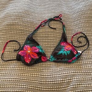 Xhilaration Dark Brown Floral Triangle Bikini Top with Pink & Teal Flowers